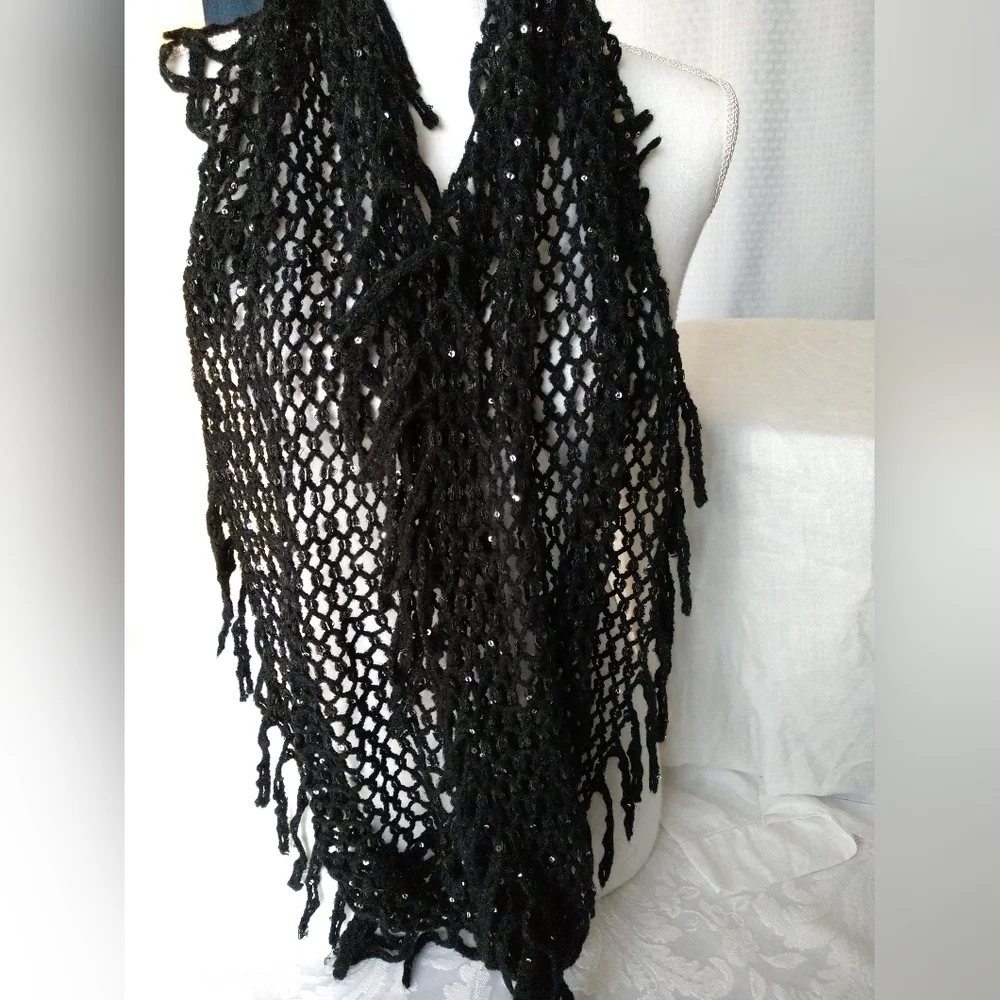 Children's Place Girl's Infinity Scarf Black Crochet Open Weave Tassels Sequins